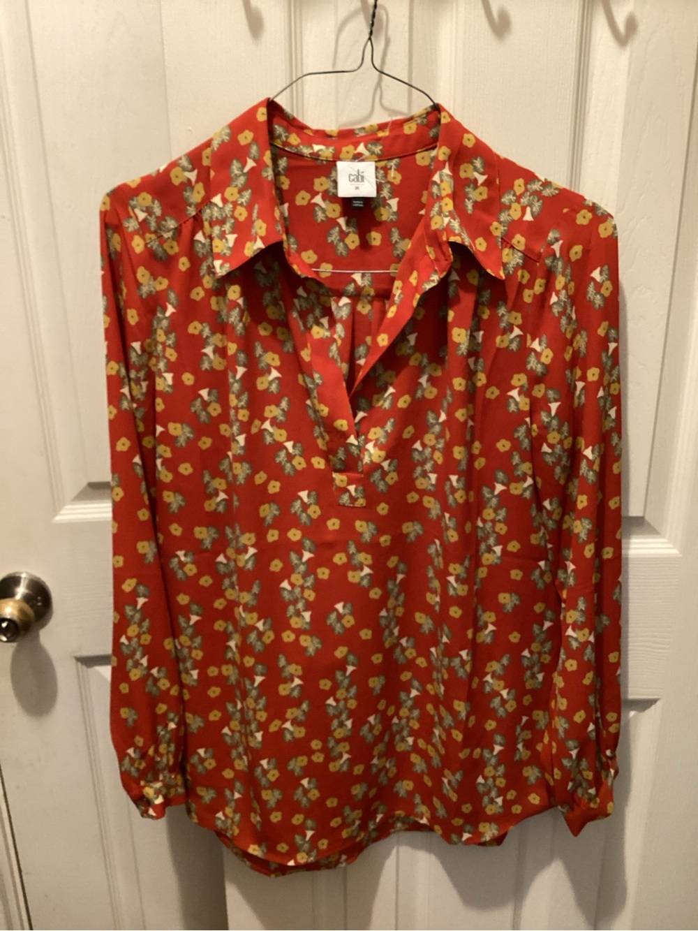 CAbi Red Floral Button Blouse with Yellow and Green Accents